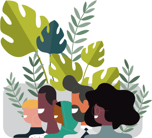 Illustration of smiling people in front of plants